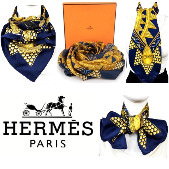 Hermès Scarf “L'or des Chefs” Navy & Gold 100% Silk Scarf ~ RARE! ~ Includes Box - Picture 1 of 16